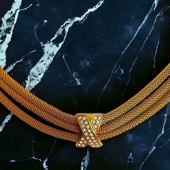 Unsigned Alice Caviness Gold Tone 3 Strand Mesh X Bars Clear Crystals Choker 18” - Picture 1 of 10